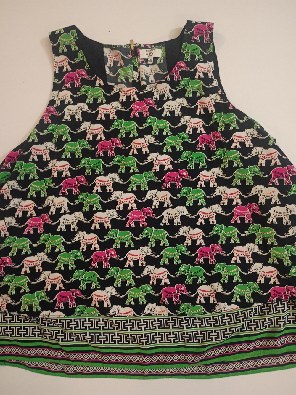 crown & ivy Black Tank Top with Pink Green Navy and White Elephant Print Petite